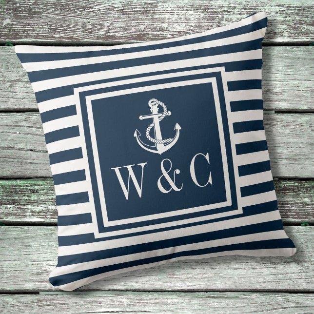 Coussin Rayure Bleue Marine Ancre Nautione Monogramme (Créateur téléchargé)