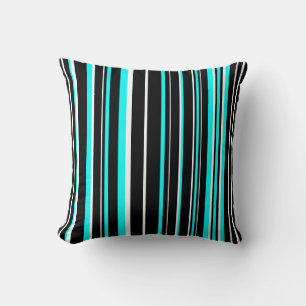 Coussin Rayure de code-barres noir, bleu aqua et blanc