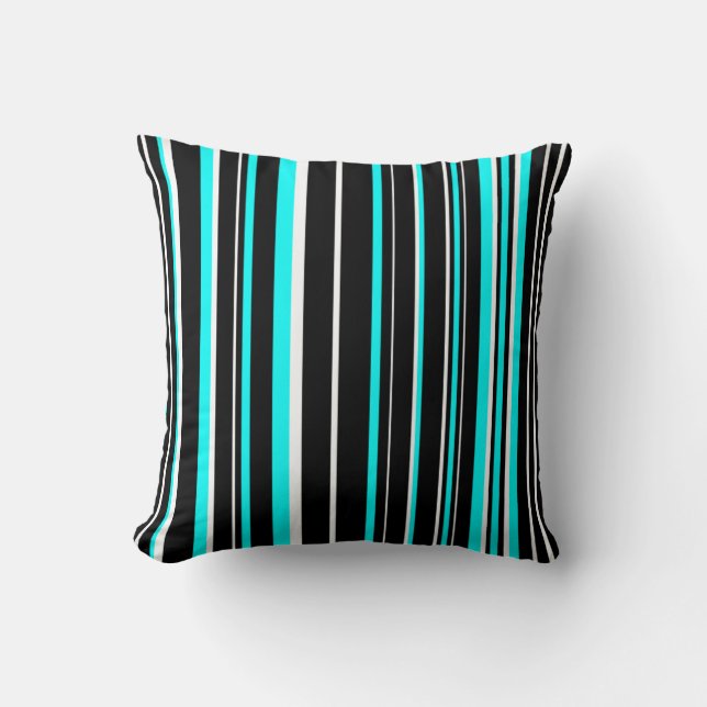 Coussin Rayure de code-barres noir, bleu aqua et blanc (Recto)