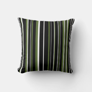 Coussin Rayure de code-barres noir, vert olive et blanc