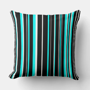 Coussin Rayure de code-barres noire, aqua et blanche