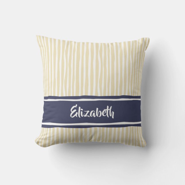 Coussin Rayure dessinée à la main Navy Crème Nom (Recto)