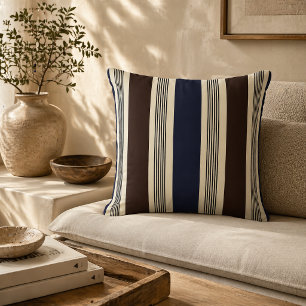 Coussin Rayure Élégante de Style Cabane Bleu Marine Brun