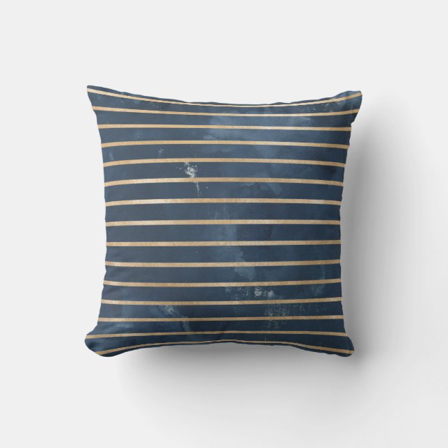 Coussin Rayure horizontale à l'aquarelle Or Navy Moderne (Recto)