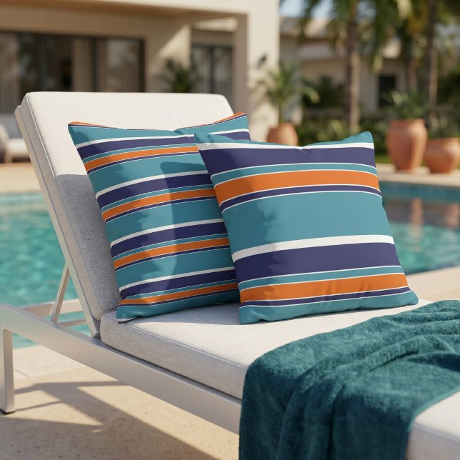 Coussin Rayure réversible bleu sarcelle vert orange blanc (Créateur téléchargé)