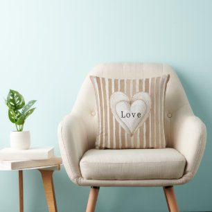 Coussin Rayures beige crème Cœur blanc Amour