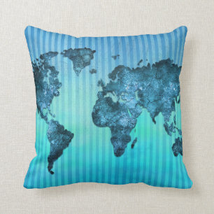 Coussin Rayures bleues au néon de la carte   du monde
