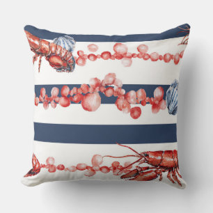 COUSSIN RAYURES BLEUES ET BLANCHES & HOMARDS ROUGES & COQU