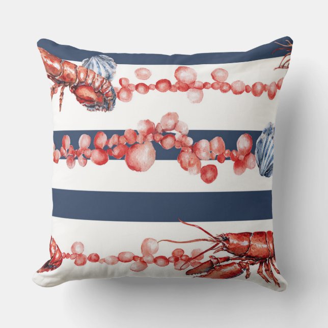 COUSSIN RAYURES BLEUES ET BLANCHES & HOMARDS ROUGES & COQU (Recto)