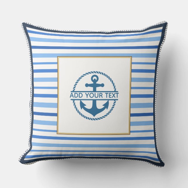 Coussin  Rayures Bleues Nautiques et Ancre  (Recto)