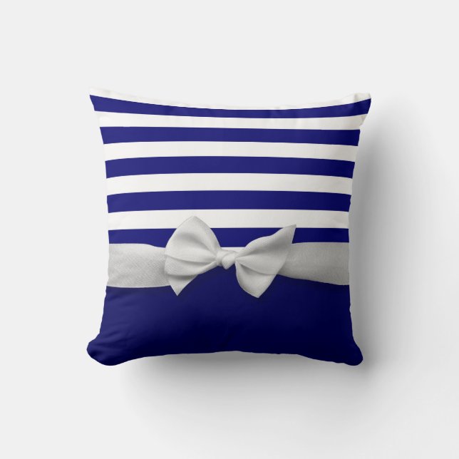 Coussin Rayures bleues nautiques et graphique blanc d'arc (Recto)