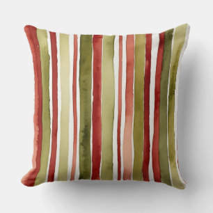Coussin rayures d'aquarelle vert olive, blanc et rouge