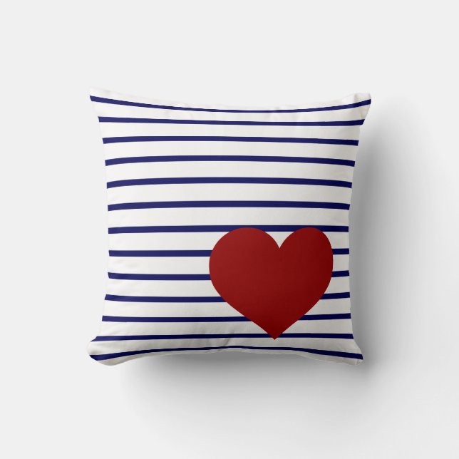 Coussin Rayures de bleu marine sur le blanc avec le coeur (Recto)