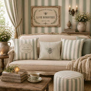 Coussin Rayures de campagne française au vert sauge atténu