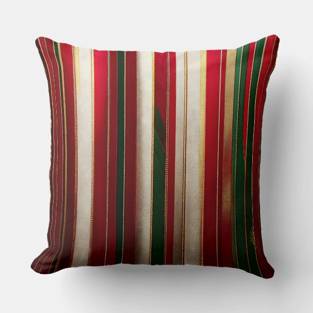 Coussin Rayures de Couleurs de Noël Rouge Vert Blanc Or (Recto)