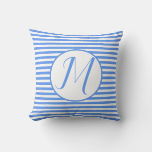 Coussin Rayures de lettre de monogramme à cadre bleu Couss