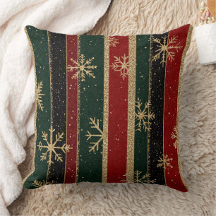 Coussin Rayures de Noël Rouge Vert Paillettes Or Luxe