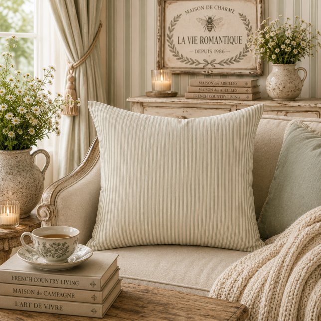 Coussin Rayures de Sauge Subtile de Style Campagnard Franç (Créateur téléchargé)