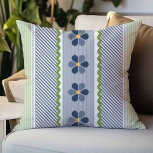 Coussin Rayures diagonales florales bleues et vertes
