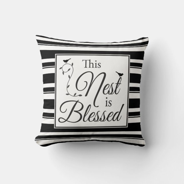 Coussin Rayures et oiseaux noirs et blancs bénis de nid (Recto)