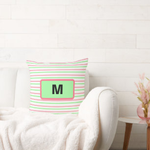 Coussin Rayures géométriques de monogramme rose vert blanc