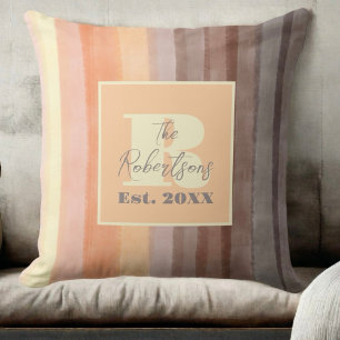 Coussin Rayures jaune orange marron aquarelle Monogramme