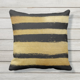 Coussin Rayures modernes de traçages d'or de feuille noir