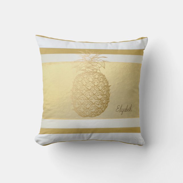 Coussin Rayures modernes dorées pour fille, Ananas doré (Recto)