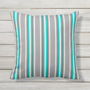 Coussin Rayures modernes, gris et turquoise de la moitié