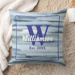 Coussin Rayures nautiques bleu gris aquarelle monogramme