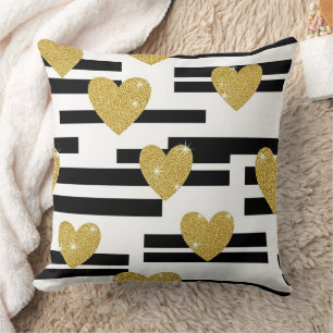 Coussin Rayures noires et blanches à motifs de cœurs en or