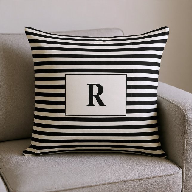 Coussin Rayures noires et blanches monogrammées (Créateur téléchargé)