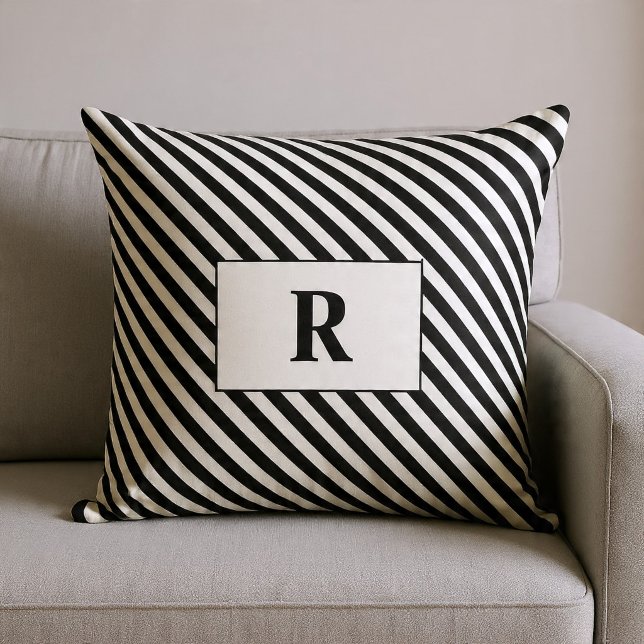 Coussin Rayures noires et blanches monogrammées (Créateur téléchargé)