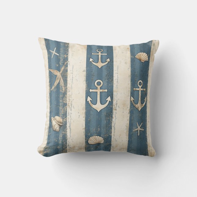 Coussin Rayures Tonales Bleu Côtier Nautique Étoile de Mer (Recto)