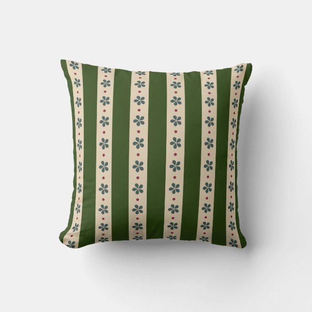 Coussin Rayures Vertes Et Crème Et Fleurs (Recto)