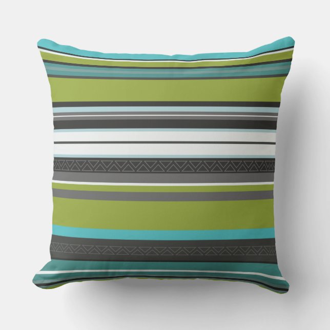 Coussin Rayures vertes, turquoise et grises (Recto)