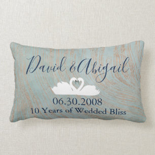 Coussin Rectangle 10e anniversaire Mariage cygnes Bleu et cuivre