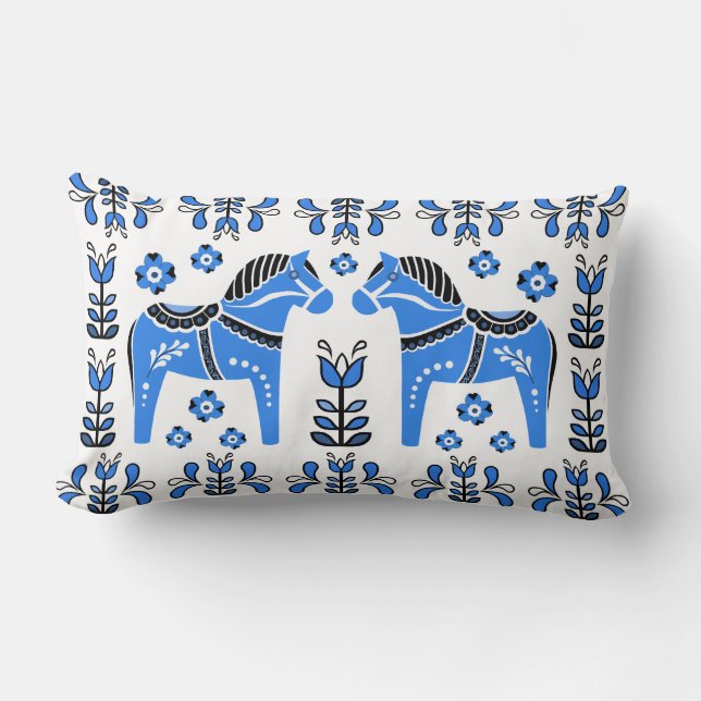 Coussin Rectangle 2 Dala folklorique Cheval/Folk floral, blanc/noir/ (Recto)