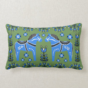 Coussin Rectangle 2 Dala folklorique Cheval/Folk floral, blanc/vert/