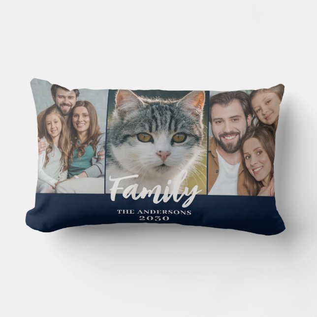 Coussin Rectangle 3 Photo Collage Bleu Nom de famille Année (Recto)