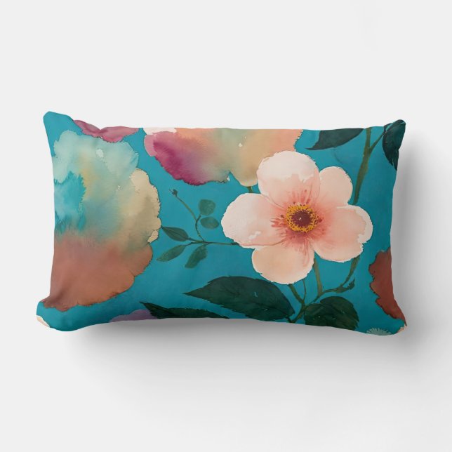 Coussin Rectangle Abstrait floral bleu et rose (Recto)