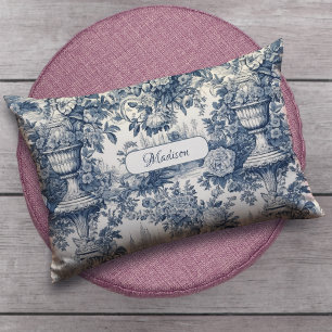 Coussin Rectangle Accent de monogramme en toile bleue florale vintag