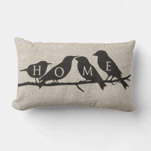 Coussin Rectangle ACCUEIL Oiseaux sur une Branche Toile de Jute