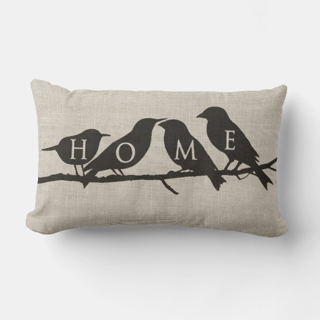 Coussin Rectangle ACCUEIL Oiseaux sur une Branche Toile de Jute (Recto)