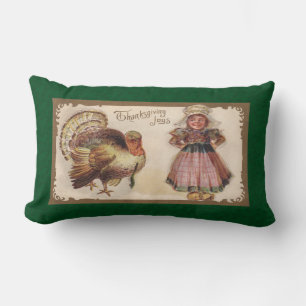 Coussin Rectangle Action de grâce vintage, Dinde, Fille pèlerine