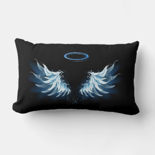 Coussin Rectangle Ailes d'ange lumineuses bleues sur fond noir