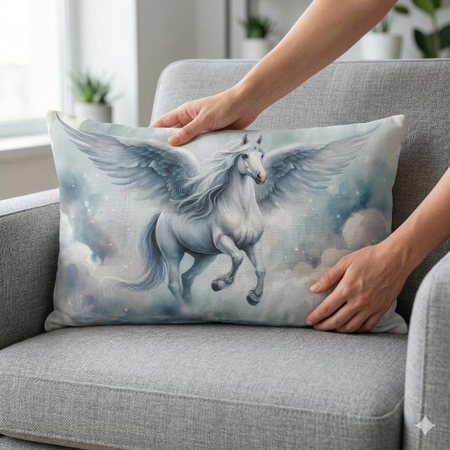 Coussin Rectangle Ailes de Pégase blanc Douce Rêverie de ciel bleu (White Pegasus Wings Soft Blue Sky Dreamscape Lumbar Pillow On Chair)