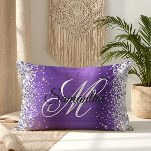 Coussin Rectangle Améthyste Paillettes Argentées Monogramme Fantaisi
