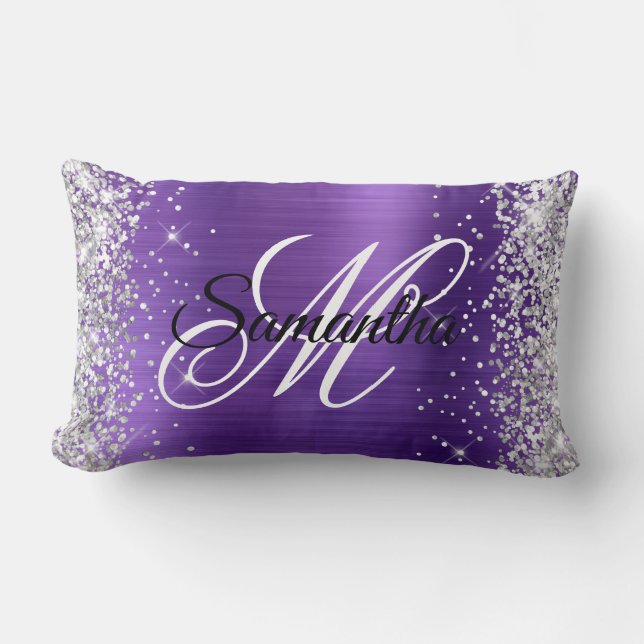 Coussin Rectangle Améthyste Paillettes Argentées Monogramme Fantaisi (Recto)