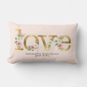 Coussin Rectangle Amour Mariage Noms Personnalisés Aquarelle Floral